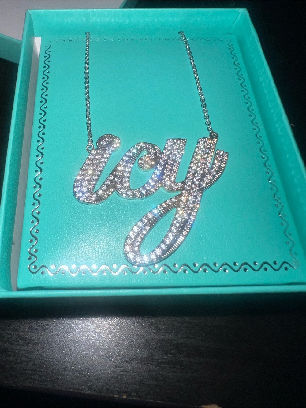 Icy Script Crystal Nameplate Necklace — Silver Sparkle